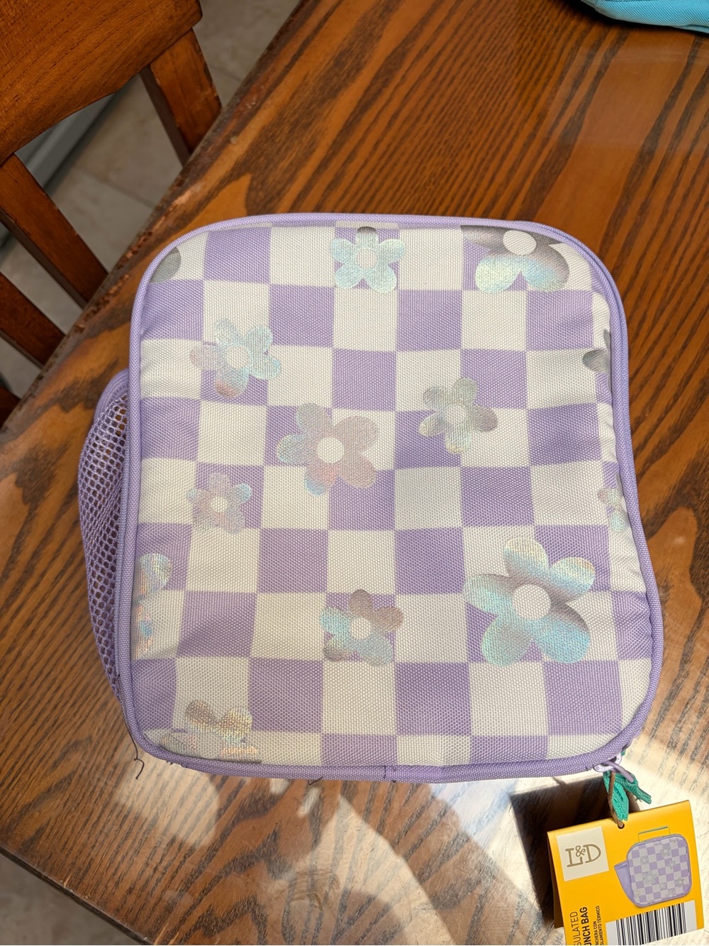NWT Kids Lavender Checkered Lunch Tote with Holographic Flowers